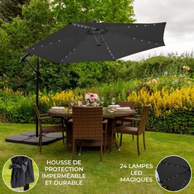 Parasol Gris 3m avec LED's Intégrés avec Base Carrée