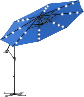 Parasol Inclinable 24 LED Lampe Solaire Réglable en Hauteur avec Manivelle H245 cm 8 Baleines  Résistant aux UV Bleu