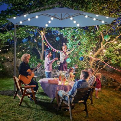 Parasol Inclinable 24 LED Lampe Solaire Réglable en Hauteur avec Manivelle H245 cm 8 Baleines  Résistant aux UV Bleu