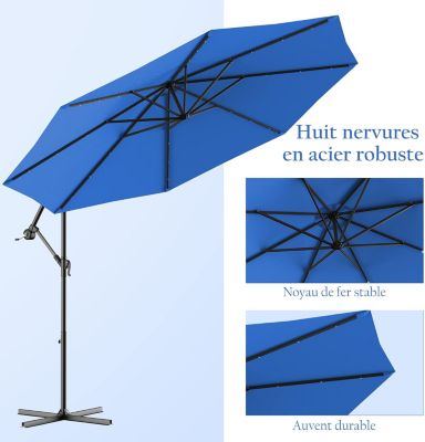 Parasol Inclinable 24 LED Lampe Solaire Réglable en Hauteur avec Manivelle H245 cm 8 Baleines  Résistant aux UV Bleu