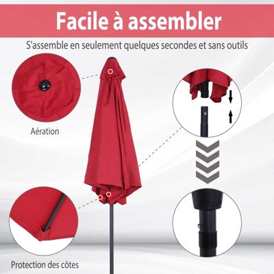 Parasol inclinable de jardin manivelle toile polyester imperméabilisée haute densité 180 g/m² dia. 2,7 x 2,35H m alu