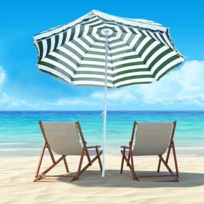 Parasol inclinable octogonal de plage dia. 180 cm tissu polyester haute densité anti-UV mât démontable vert blanc rayé