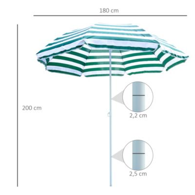 Parasol inclinable octogonal de plage dia. 180 cm tissu polyester haute densité anti-UV mât démontable vert blanc rayé