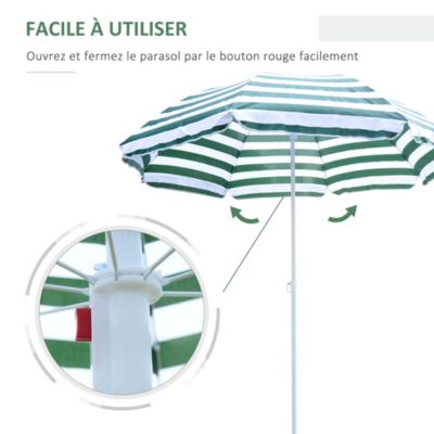 Parasol inclinable octogonal de plage dia. 180 cm tissu polyester haute densité anti-UV mât démontable vert blanc rayé