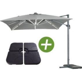 Parasol jardin déporté LED Alu "Sun 3 Luxe"  Carré  3 x 3 m  Coloris gris  Dalles lestées incluses