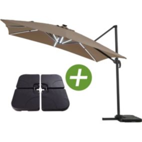 Parasol jardin déporté LED Alu "Sun 4 Luxe"  Rectangle  3 x 4 m  Taupe  Dalles à lester incluses