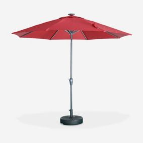 Parasol LED rond D. 2.7m - Helios Rouge - Parasol à mât central avec lumière intégrée et manivelle d'ouverture