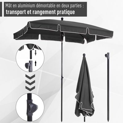 Parasol rectangulaire inclinable alu acier polyester haute densité diamètre 2 m gris
