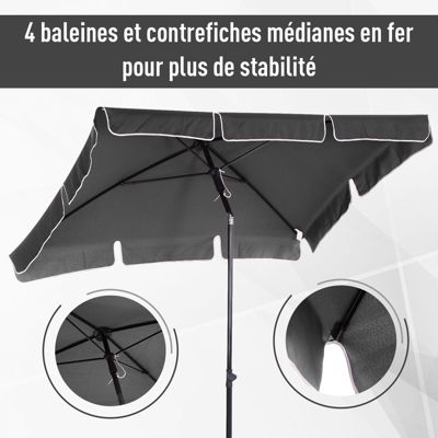 Parasol rectangulaire inclinable alu acier polyester haute densité diamètre 2 m gris