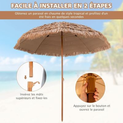 Parasol Style Hawaïen Paille de Plastique H 160cm Exotique en Chaume de PP, pour Jardin Terrasse Plage