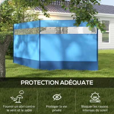 Paravent brise-vue camping plage portable pliable avec sac de transport et poteaux acier dim. 440L x 140H cm bleu