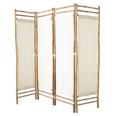 Paravent d'intérieur 4 panneaux en tissu blanc et bambou 160 x 160 cm