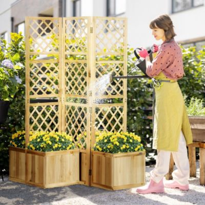 Paravent de jardin pliable en bois naturel avec 4 bacs à fleurs