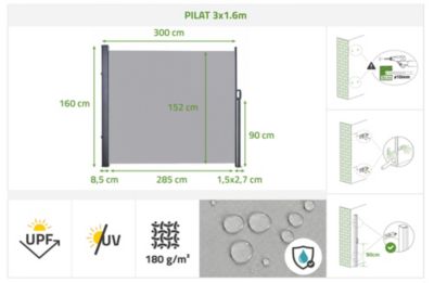 Paravent extérieur rétractable PILAT 3x1,6 m gris clair