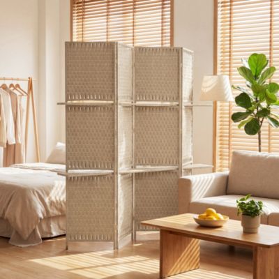 Paravent intérieur 4 panneaux 2 étagères pliables séparateur de pièce bois de pin bambou fibres de papier tressée beige paille