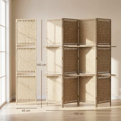 Paravent intérieur 4 panneaux 2 étagères pliables séparateur de pièce bois de pin bambou fibres de papier tressée beige paille