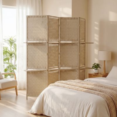 Paravent intérieur 4 panneaux 2 étagères pliables séparateur de pièce bois de pin bambou fibres de papier tressée beige paille