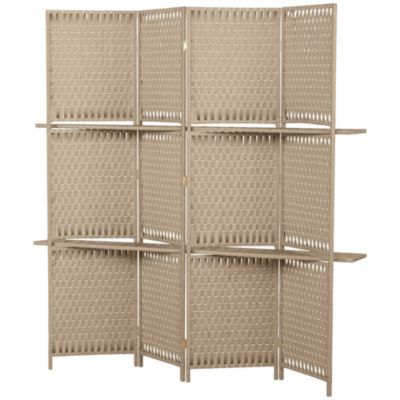 Paravent intérieur 4 panneaux 2 étagères pliables séparateur de pièce bois de pin bambou fibres de papier tressée beige paille