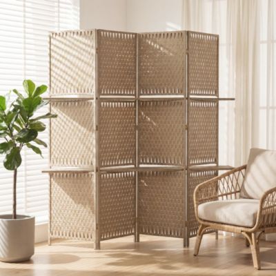 Paravent intérieur 4 panneaux 2 étagères pliables séparateur de pièce bois de pin bambou fibres de papier tressée beige paille