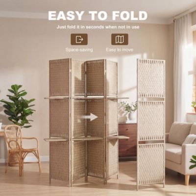 Paravent intérieur 4 panneaux 2 étagères pliables séparateur de pièce bois de pin bambou fibres de papier tressée beige paille