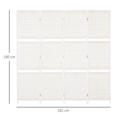 Paravent intérieur 4 panneaux 2 étagères pliables séparateur de pièce bois de pin bambou fibres de papier tressée blanc paille