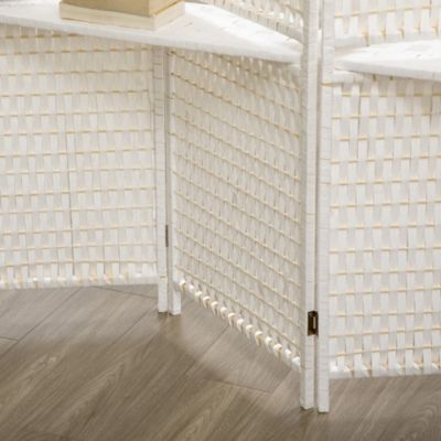 Paravent intérieur 4 panneaux 2 étagères pliables séparateur de pièce bois de pin bambou fibres de papier tressée blanc paille