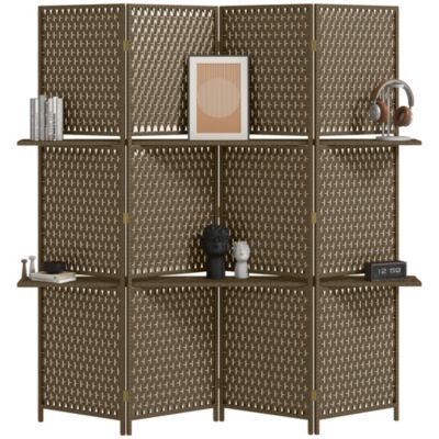 Paravent intérieur 4 panneaux 2 étagères pliables séparateur de pièce bois de pin bambou fibres de papier tressée marron paille