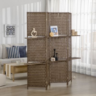 Paravent intérieur 4 panneaux 2 étagères pliables séparateur de pièce bois de pin bambou fibres de papier tressée marron paille