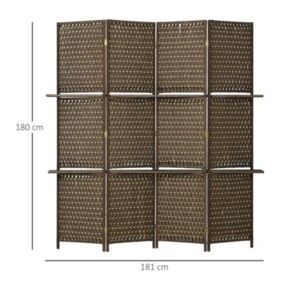 Paravent intérieur 4 panneaux 2 étagères pliables séparateur de pièce bois de pin bambou fibres de papier tressée marron paille