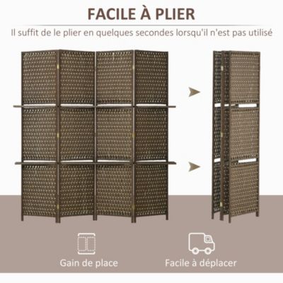 Paravent intérieur 4 panneaux 2 étagères pliables séparateur de pièce bois de pin bambou fibres de papier tressée marron paille