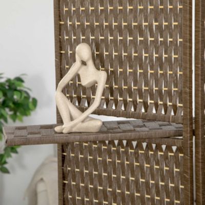 Paravent intérieur 4 panneaux 2 étagères pliables séparateur de pièce bois de pin bambou fibres de papier tressée marron paille