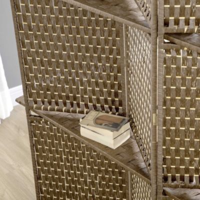 Paravent intérieur 4 panneaux 2 étagères pliables séparateur de pièce bois de pin bambou fibres de papier tressée marron paille
