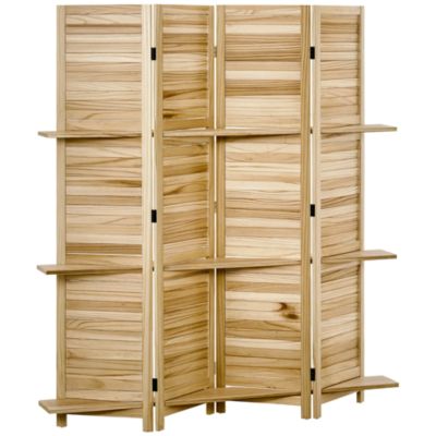 Paravent intérieur 4 panneaux 3 étagères pliables séparateur de pièce portes persiennes bois de paulownia aspect pin autoclave