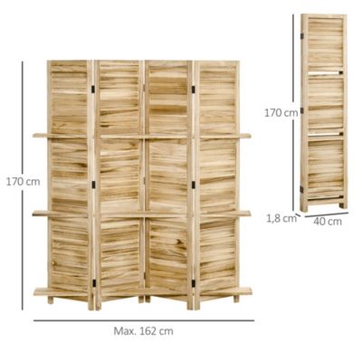 Paravent intérieur 4 panneaux 3 étagères pliables séparateur de pièce portes persiennes bois de paulownia aspect pin autoclave
