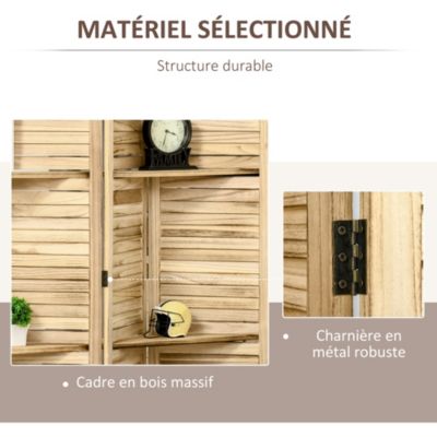 Paravent intérieur 4 panneaux 3 étagères pliables séparateur de pièce portes persiennes bois de paulownia aspect pin autoclave