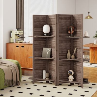Paravent intérieur 4 panneaux 3 étagères pliables séparateur de pièce portes persiennes bois de paulownia wengé