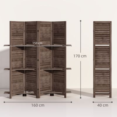 Paravent intérieur 4 panneaux 3 étagères pliables séparateur de pièce portes persiennes bois de paulownia wengé