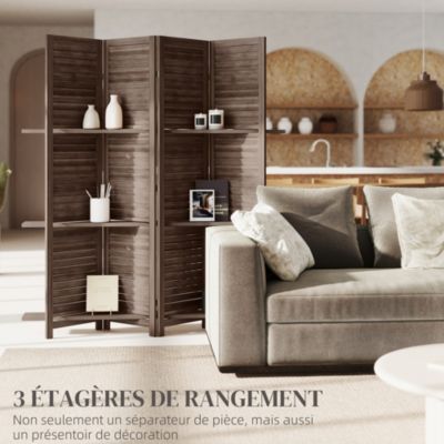 Paravent intérieur 4 panneaux 3 étagères pliables séparateur de pièce portes persiennes bois de paulownia wengé