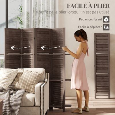 Paravent intérieur 4 panneaux 3 étagères pliables séparateur de pièce portes persiennes bois de paulownia wengé