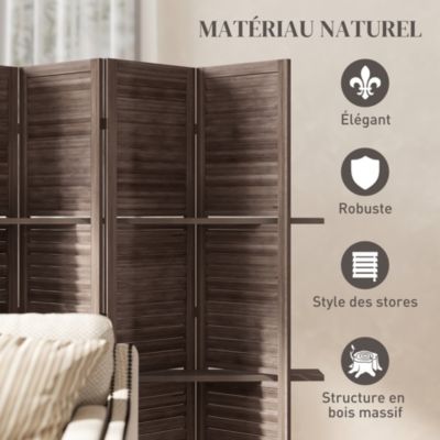 Paravent intérieur 4 panneaux 3 étagères pliables séparateur de pièce portes persiennes bois de paulownia wengé