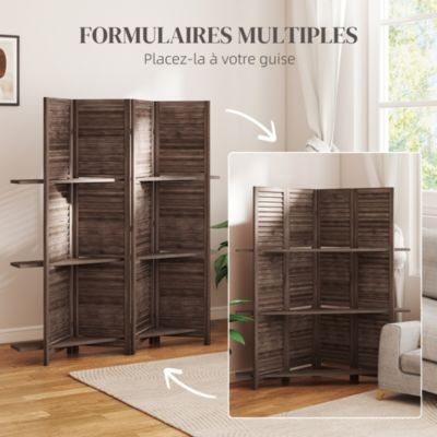 Paravent intérieur 4 panneaux 3 étagères pliables séparateur de pièce portes persiennes bois de paulownia wengé