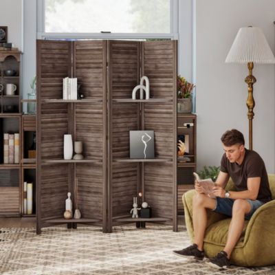 Paravent intérieur 4 panneaux 3 étagères pliables séparateur de pièce portes persiennes bois de paulownia wengé