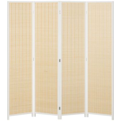 Paravent intérieur séparateur de pièce pliable 4 panneaux dim. 180L x 180H cm bois pin bambou coton blanc