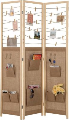 Paravent Interieur 3 Panneaux en Faux Lin avec 8 Poches, Cloison de Séparation Pliable, Bureau, 120x170CM,Naturel Clips
