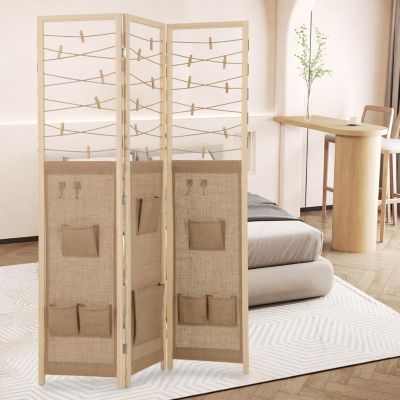 Paravent Interieur 3 Panneaux en Faux Lin avec 8 Poches, Cloison de Séparation Pliable, Bureau, 120x170CM,Naturel Clips