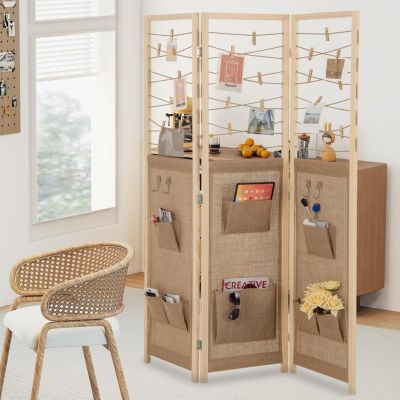 Paravent Interieur 3 Panneaux en Faux Lin avec 8 Poches, Cloison de Séparation Pliable, Bureau, 120x170CM,Naturel Clips