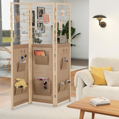 Paravent Interieur 3 Panneaux en Faux Lin avec 8 Poches, Cloison de Séparation Pliable, Bureau, 120x170CM,Naturel Clips