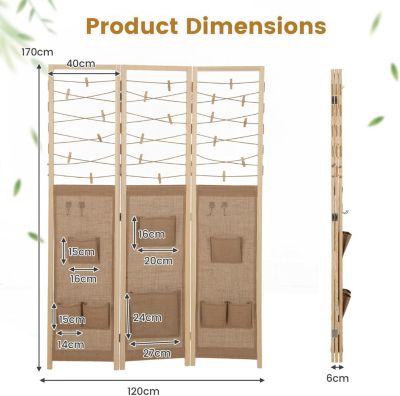 Paravent Interieur 3 Panneaux en Faux Lin avec 8 Poches, Cloison de Séparation Pliable, Bureau, 120x170CM,Naturel Clips