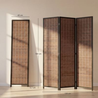 Paravent interieur en bois 3 panneaux 135 x 180 cm séparateur de pièce pliable bois brun noir