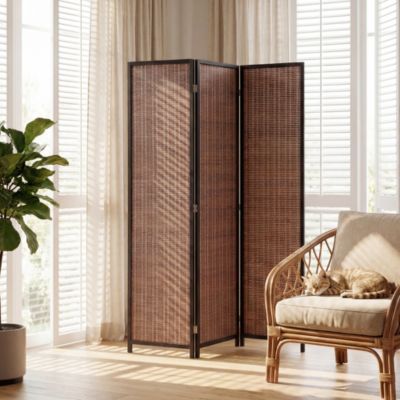 Paravent interieur en bois 3 panneaux 135 x 180 cm séparateur de pièce pliable bois brun noir
